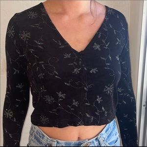 Upcycled vintage sweater—understated glam with delicate sparkly embroidery